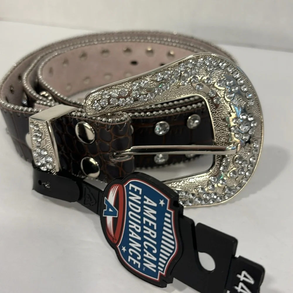 American Endurance Brown Leather XXL Belt with Rhinestones & Silver NWT